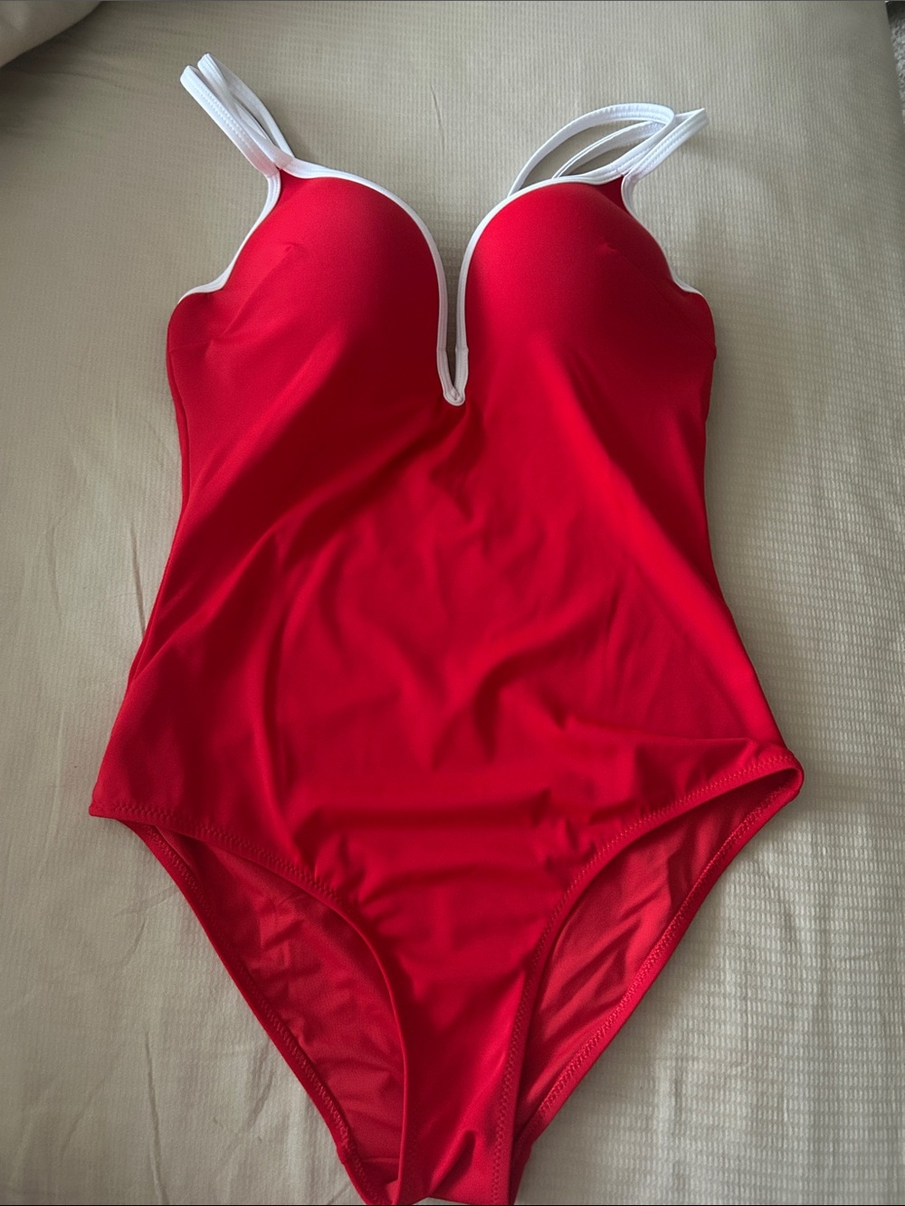 Red One-Piece Swimsuit with White Trim - Sleek V-Notch Front